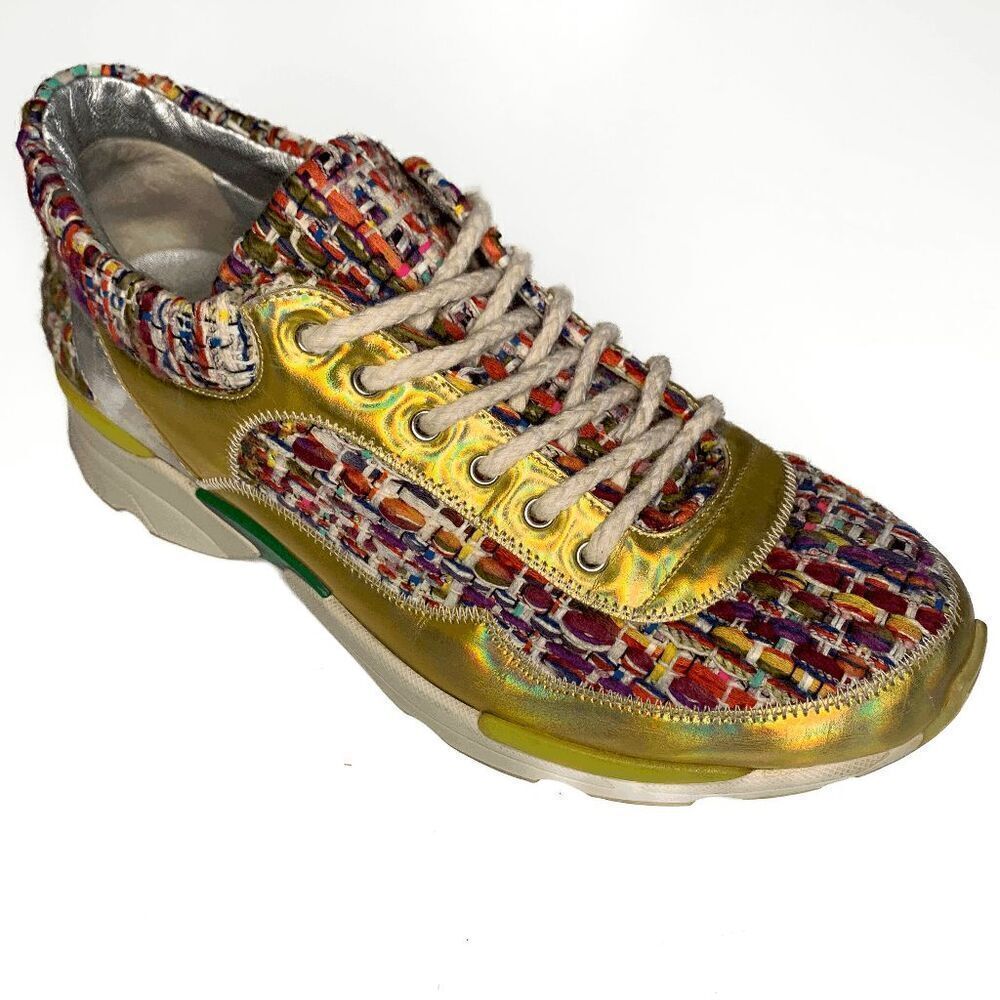 CHANEL Multicolor Tweed and Metallic Gold Lace-Up Sneakers